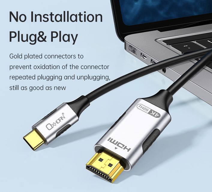Oxhorn USB-C to HDMI 4K 60Hz Cable - 2m for Mac, Windows, Chromebooks 