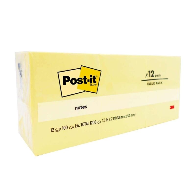 Post-it Yellow Sticky Notes 38x50mm - Pack of 12 Pads 