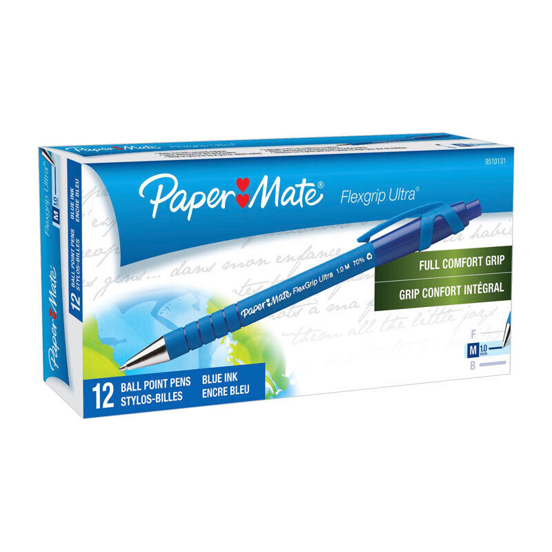 Paper Mate FlexGrip Ultra Retractable Pen - Blue, 1.0mm, 12-Pack 