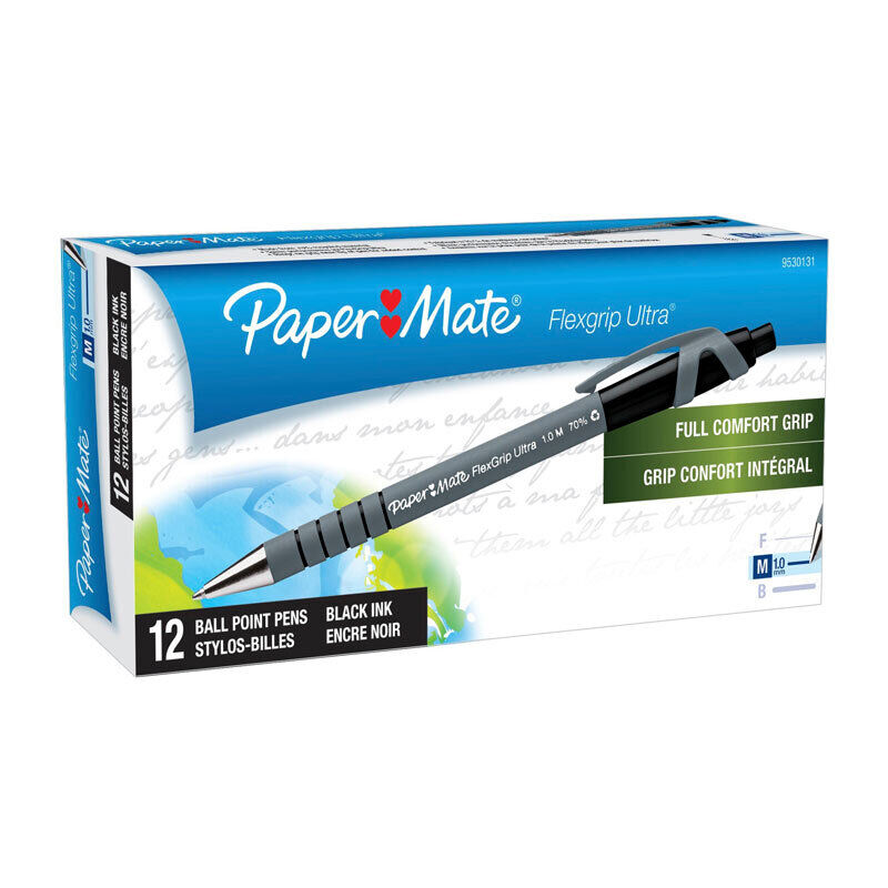 Paper Mate FlexGrip Retractable Ballpoint Pens, Black 1.0mm (Box of 12) 