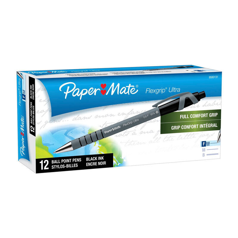 Paper Mate FlexGrip Ultra Retractable Pens, 0.8mm, Black, 12-Pack 