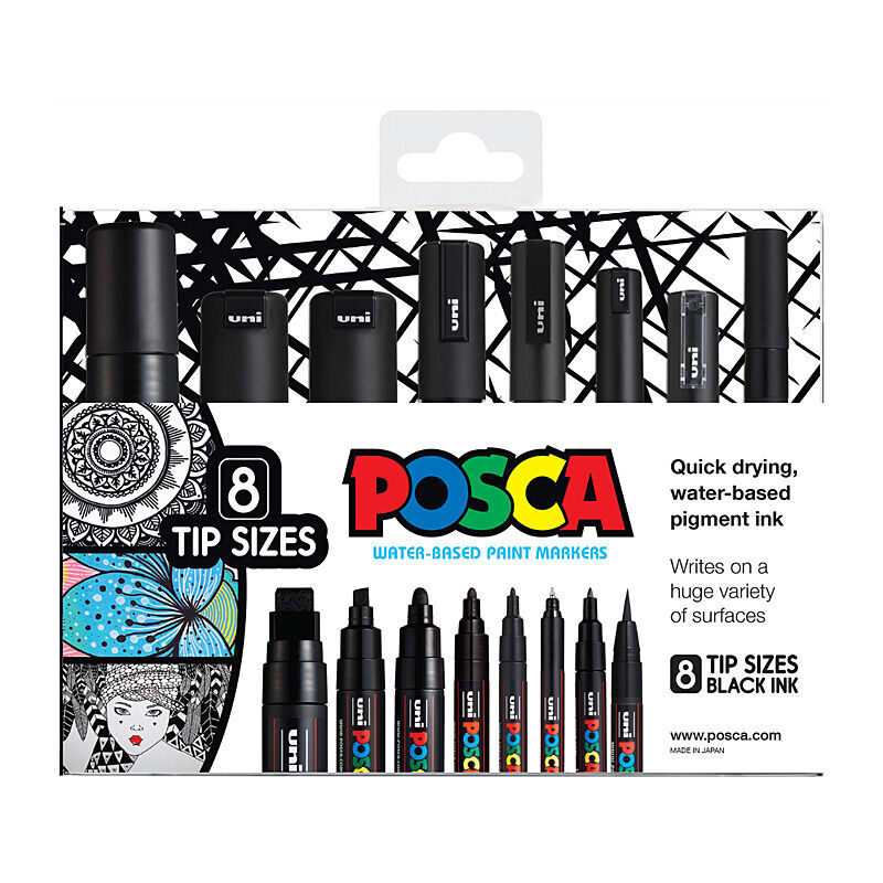 Posca Black Paint Markers - Pack of 8 | Multi-Surface Art Pens 