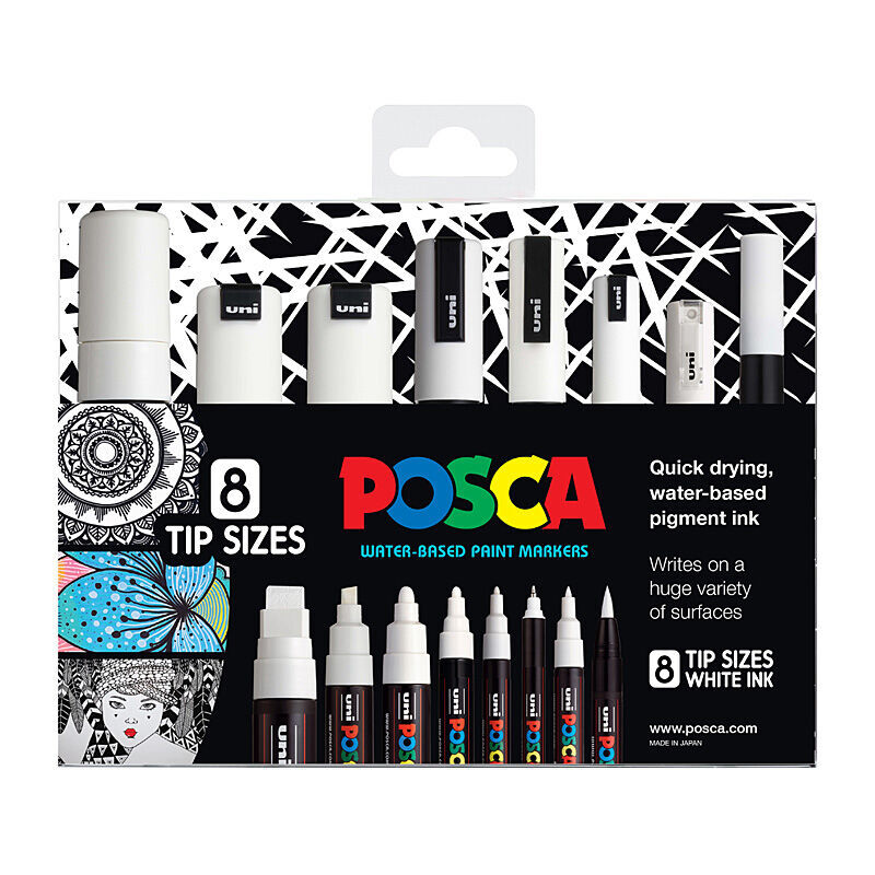 Posca White Paint Markers - 8-Pack Set with Versatile Tip 
