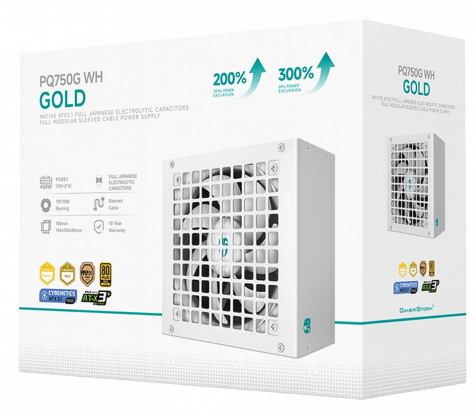 DeepCool PQ750G WH 750W Gamer Storm 80+ Gold/Cybenetics Fully Modular ATX Power Supply 120mm Fan, Japanese Capacitors, DC to DC, ATX12V V3.1 DEEPCOOL