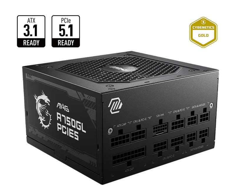 MSI MAG A750GL PCIE5 II Bulk – 750W ATX 3.1, 80+ Gold, full modular, PCIe 5.0 16-pin, 3x PCIe 6+2, 8x SATA, FD