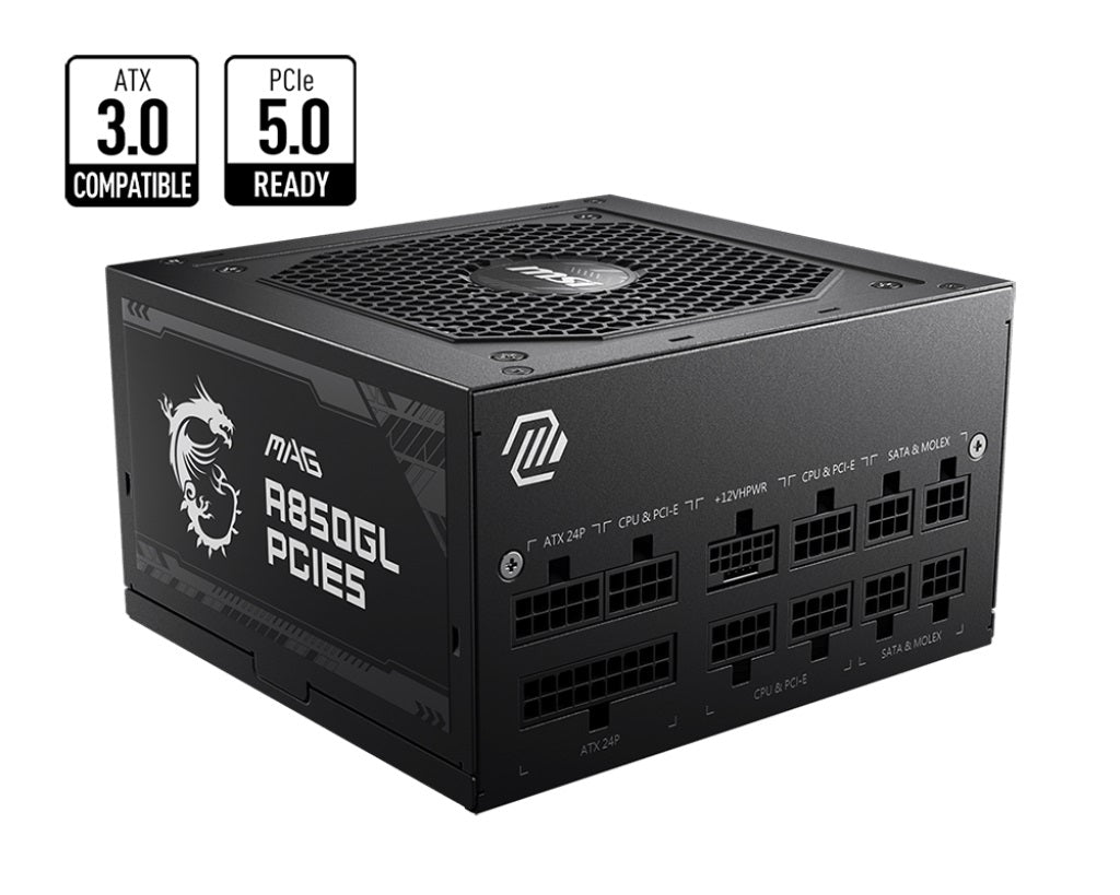 MSI MAG A850GL PCIE5 850W Up to 90% (80 Plus Gold) ATX Power Supply Unit, PFC, 100~240 VAC, 850W, 47-63Hz, PCI