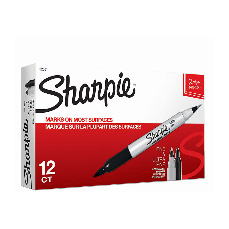Black Twin Tip Permanent Markers - Box of 12 