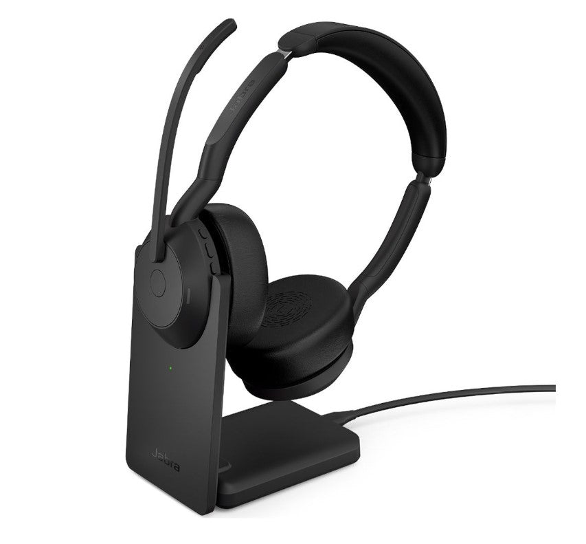 Jabra Evolve2 55 UC Stereo Headset on its Charging Stand