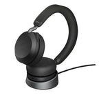 Black Jabra Evolve2 75 MS USB-C Stereo Headset on stand