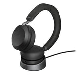 Black Jabra Evolve2 75 MS USB-C Stereo Headset on stand