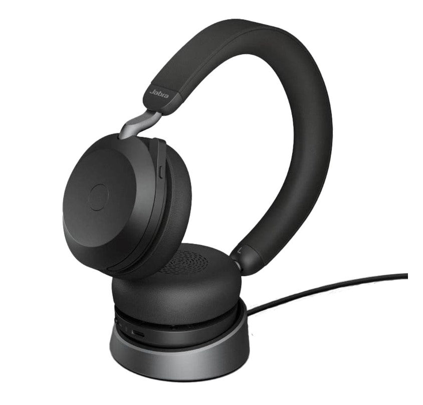 Black Jabra Evolve2 75 MS USB-C Stereo Headset on stand
