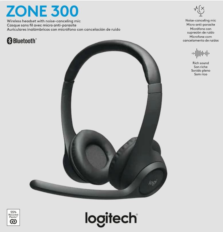 Logitech ZONE 300 Wireless Headset - Midnight Black | Clear Calls, Comfort Logitech