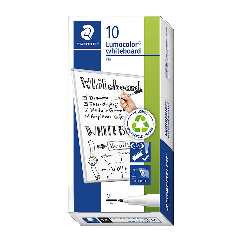 Staedtler Lumocolor Black Whiteboard Markers (Box of 10) - Dry Safe Ink Staedtler
