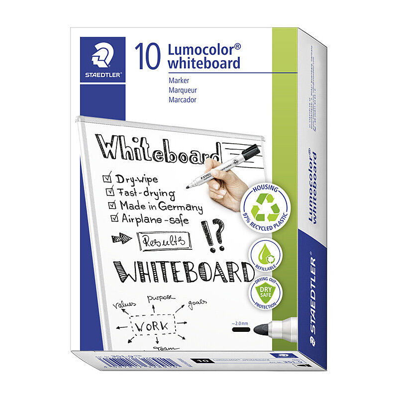 Staedtler Dry Erase Whiteboard Markers - Black Bullet Tip, Box of 10 Staedtler