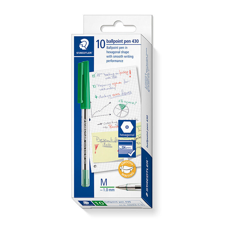 Staedtler 430 Green Ballpoint Pens 1.0mm - Smooth & Airplane Safe (Bx10) Staedtler
