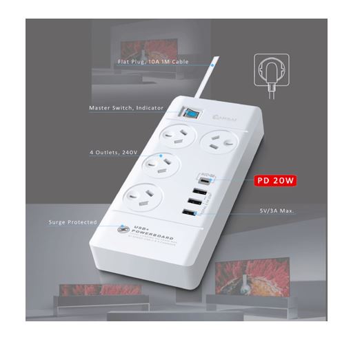 Sansai 4-Outlet Power Board with USB-C PD Fast Charging & Surge Generic