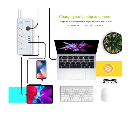 Sansai 4-Outlet Power Board with USB-C PD Fast Charging & Surge Generic