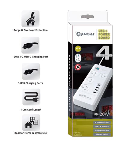 Sansai 4-Outlet Power Board with USB-C PD Fast Charging & Surge Generic