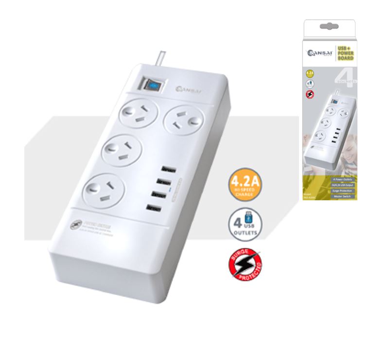 Sansai 4 Outlet Powerboard with 4 USB Ports | Surge Protected Generic