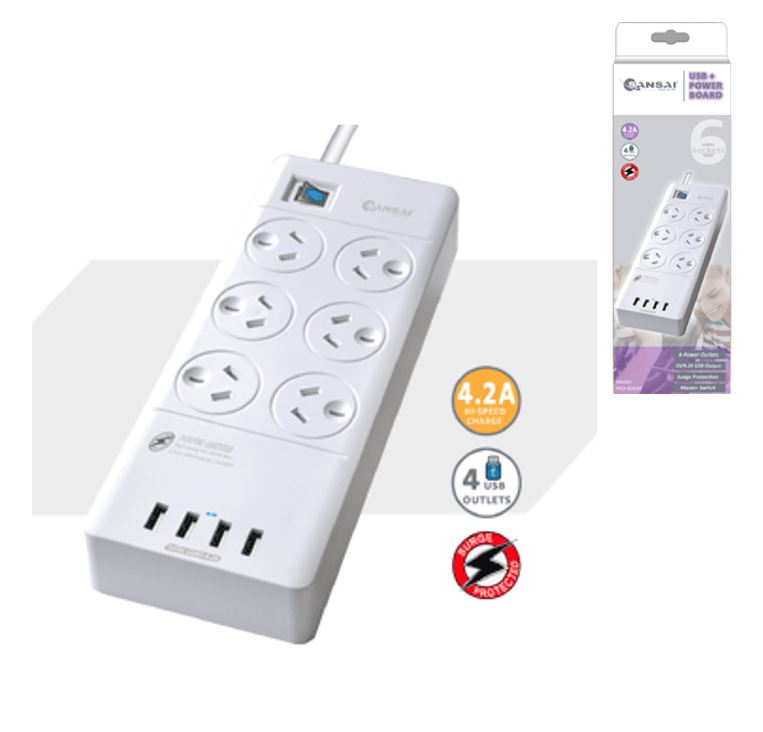 Sansai 6 Outlet Power Board | 4 USB Ports & Surge Protection Generic