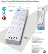 Generic Sansai 8 Outlets & 4 USB Outlets Surge Protected Powerboard Master On/Off switch 1M lead & Right angle