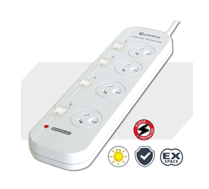 Generic Sansai 4-Way Power Board (421SW) with Individual Switches and Surge Protection 2 Extra Spaced Sockets