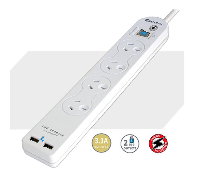 Sansai 4 Way Basic Powerboard USB Ax2 4 Outlets Master Switch Surge and overload protection1M Length Generic