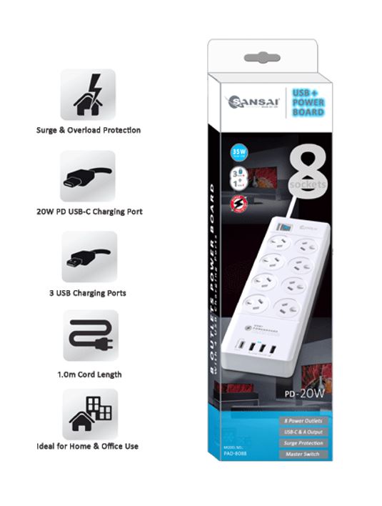 8-Outlet Power Board with USB-C Fast Charging & Surge Protection Generic
