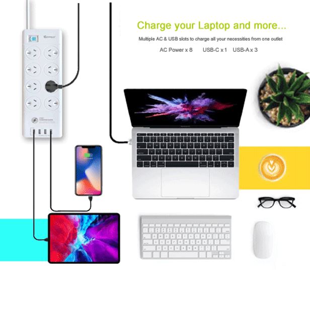8-Outlet Power Board with USB-C Fast Charging & Surge Protection Generic