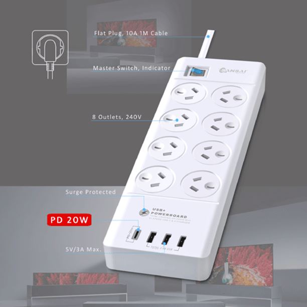 8-Outlet Power Board with USB-C Fast Charging & Surge Protection Generic