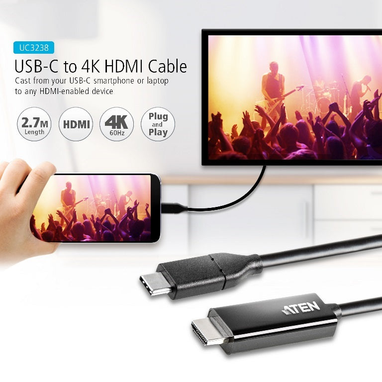 Aten USB-C to HDMI 4K Cable | 2.7m Long | 4K @ 60Hz Aten