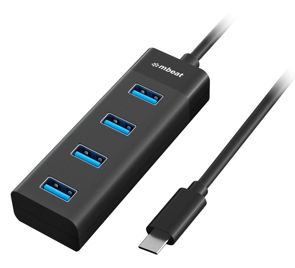 mbeat USB-C 4-Port USB 3.0 Hub Black - Fast 5Gbps Speed 