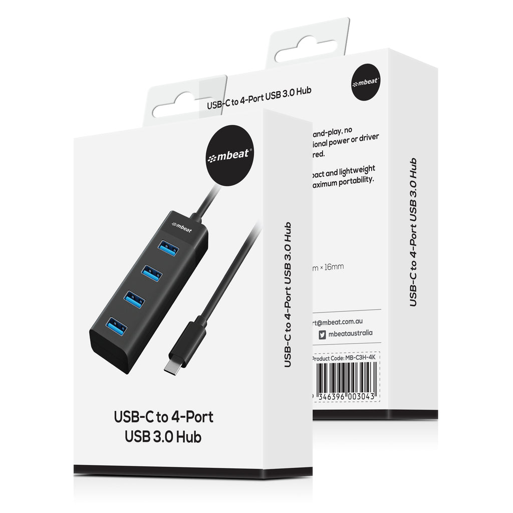 mbeat USB-C 4-Port USB 3.0 Hub Black - Fast 5Gbps Speed 