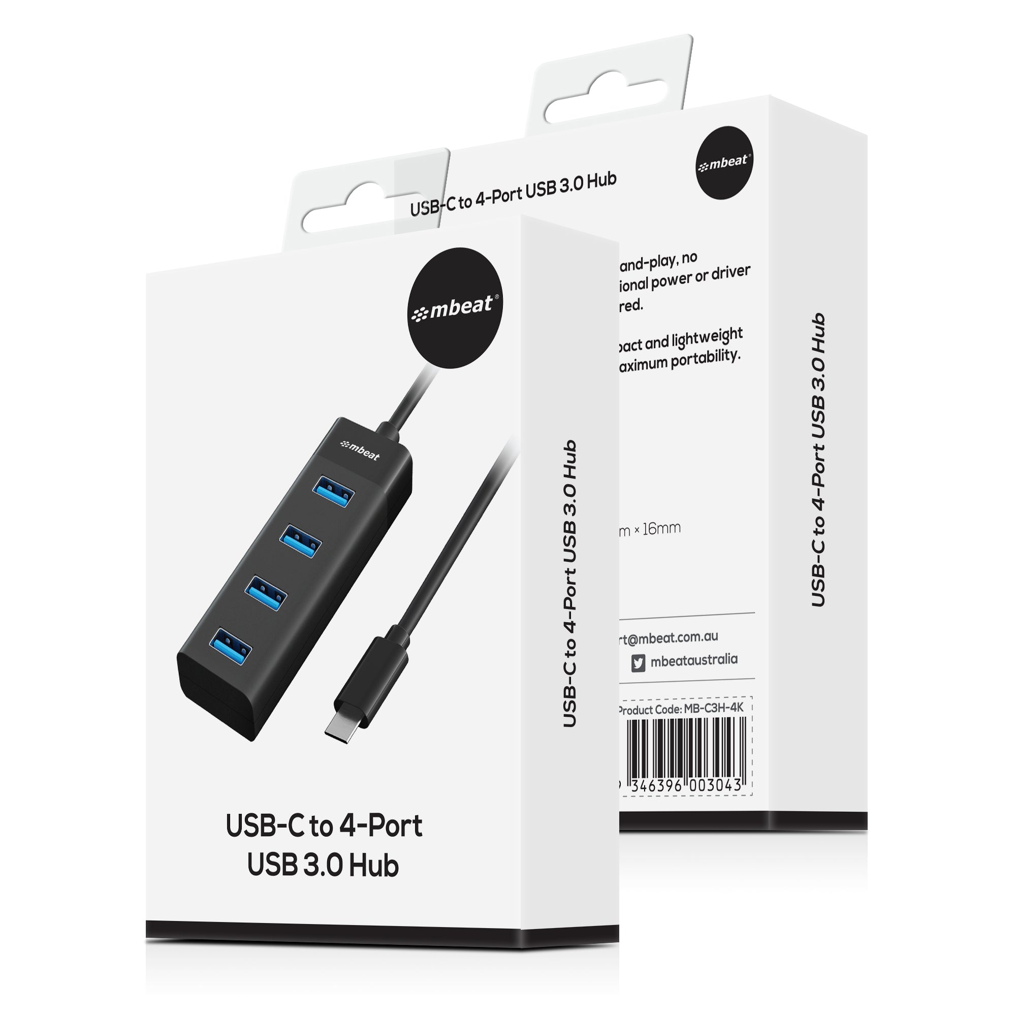 mbeat USB-C 4-Port USB 3.0 Hub Black - Fast 5Gbps Speed 