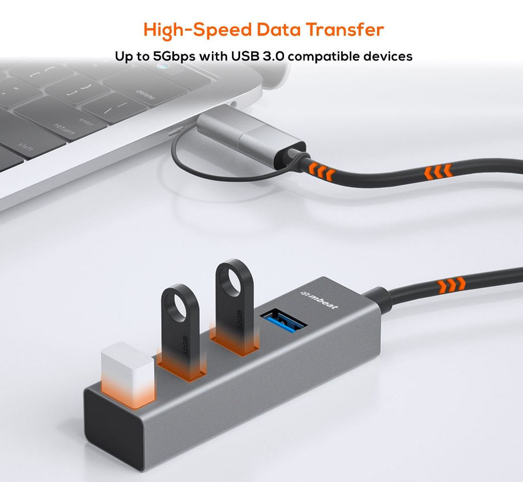 mbeat 4-Port USB 3.0 & USB-C Hub - High Speed | Space Grey MBEAT