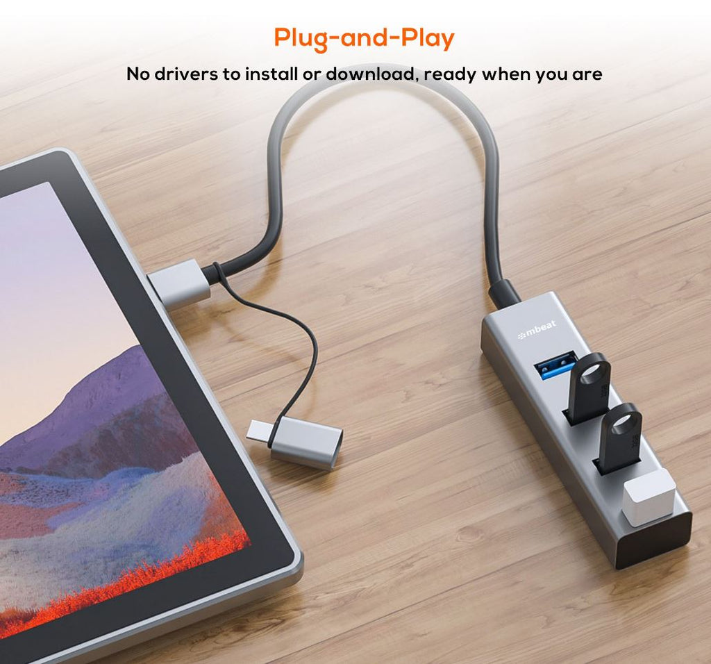 mbeat 4-Port USB 3.0 & USB-C Hub - High Speed | Space Grey MBEAT