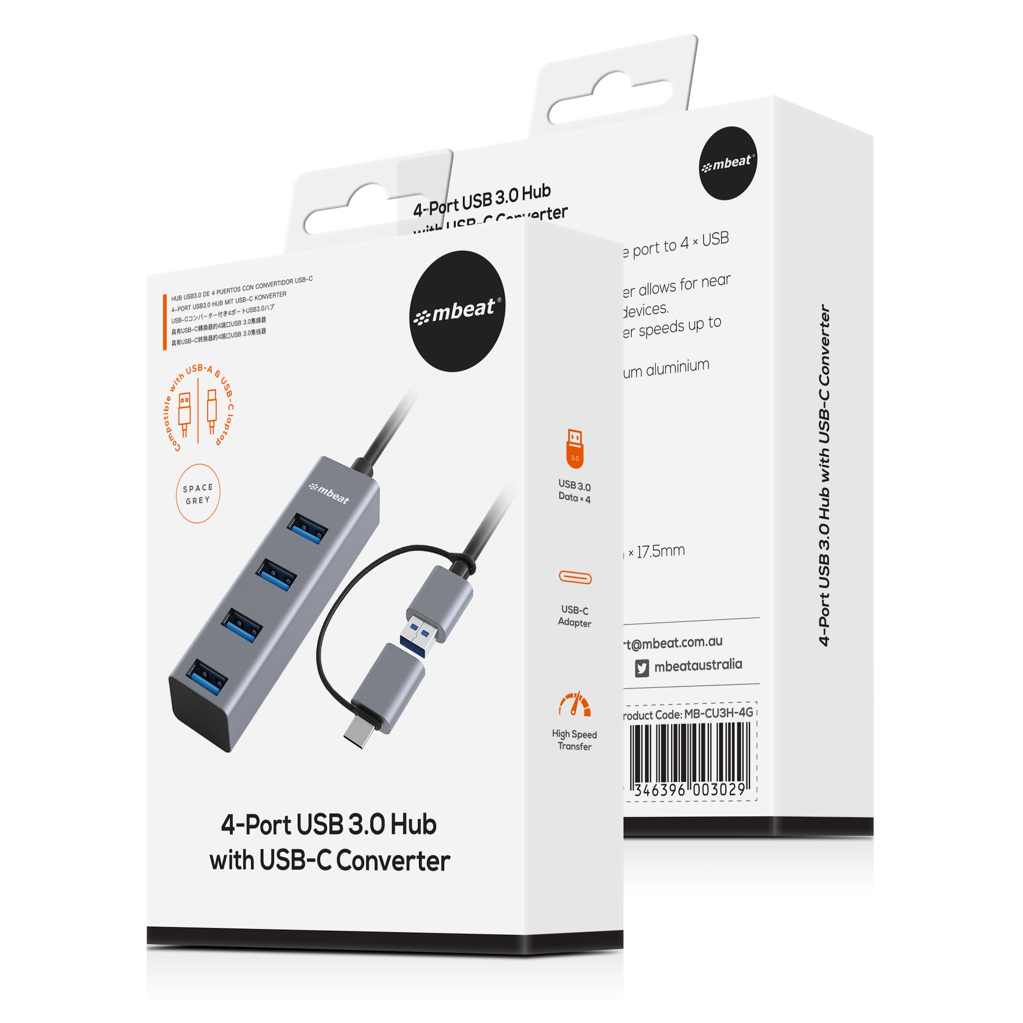 mbeat 4-Port USB 3.0 & USB-C Hub - High Speed | Space Grey MBEAT