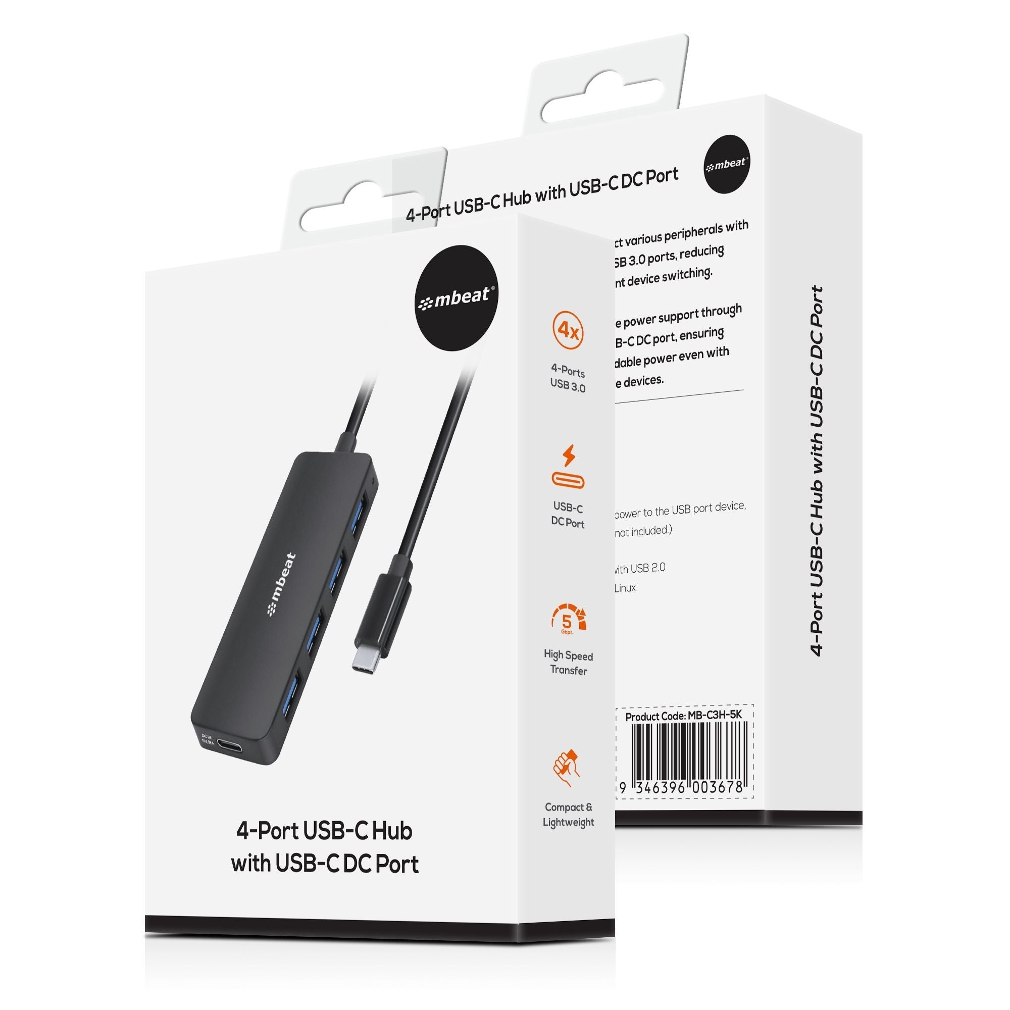 mbeat 4-Port USB-C Hub | USB 3.0 | Powered for Stable Connections MBEAT