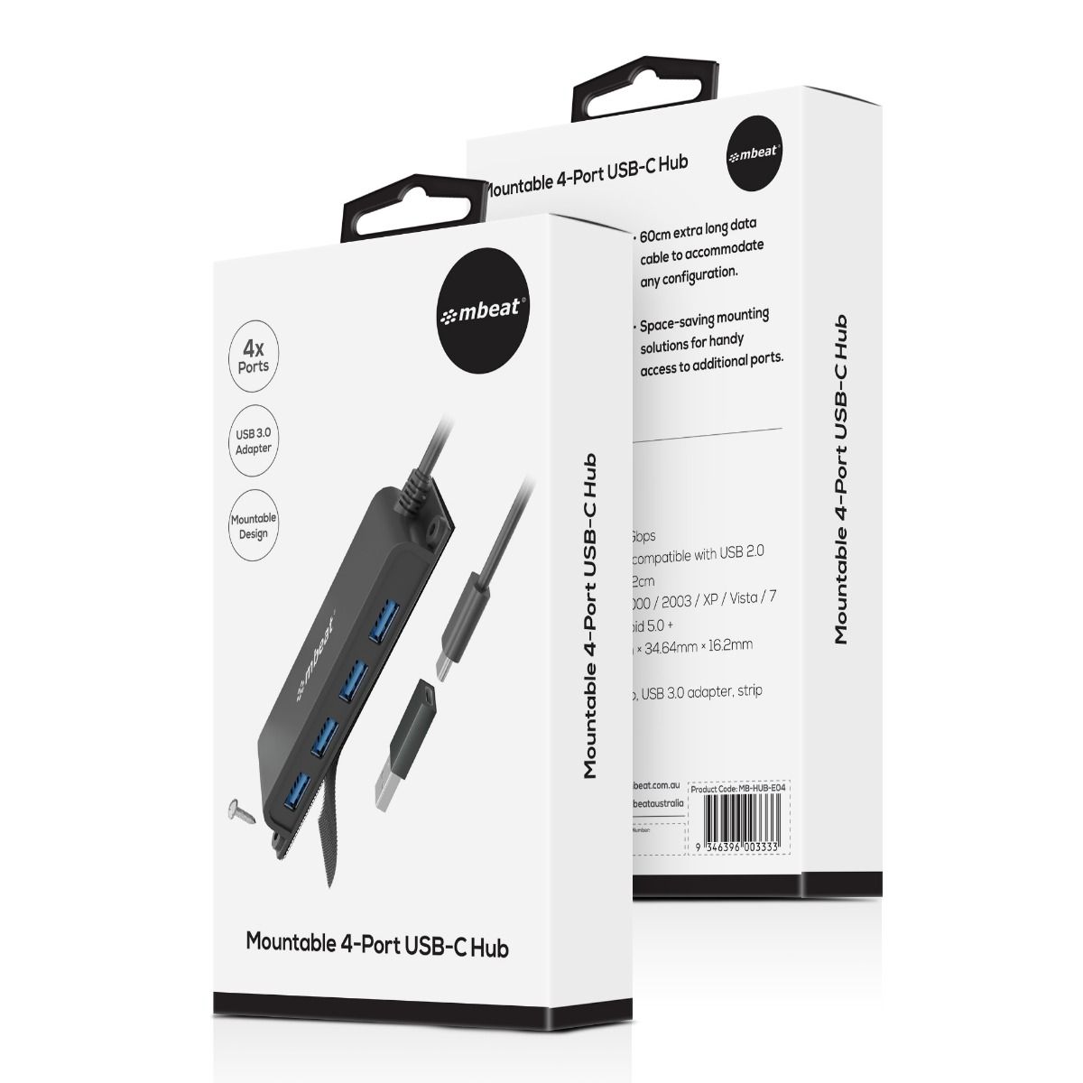 mbeat Mountable 4-Port USB-C Hub | USB 3.0 Data for PC & Laptop MBEAT
