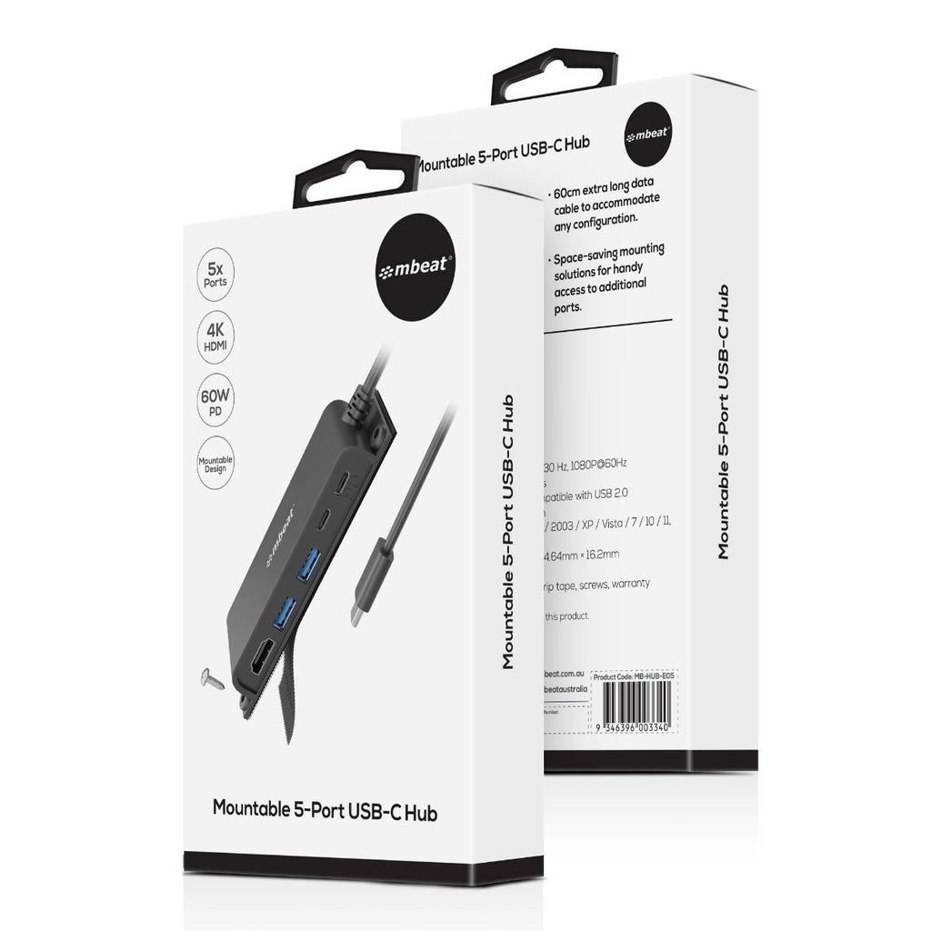 mbeat Mountable 5-Port USB-C Hub | 4K HDMI & 60W PD MBEAT