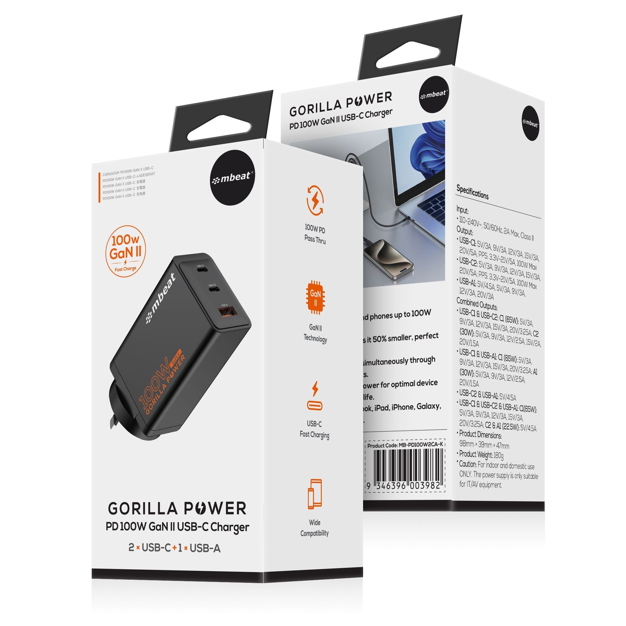 mbeat Gorilla Power 100W GaN USB-C Charger: Fast Charge Laptops & Phones MBEAT