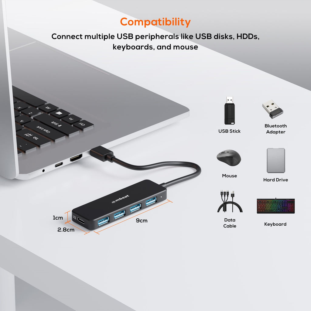 mbeat 4-Port USB 3.0 Hub: Compact, Portable & USB-C Powered | 5Gbps 