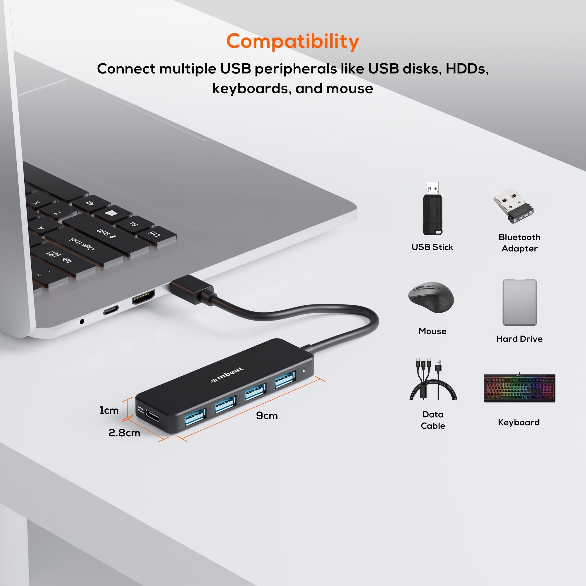 mbeat 4-Port USB 3.0 Hub: Compact, Portable & USB-C Powered | 5Gbps 