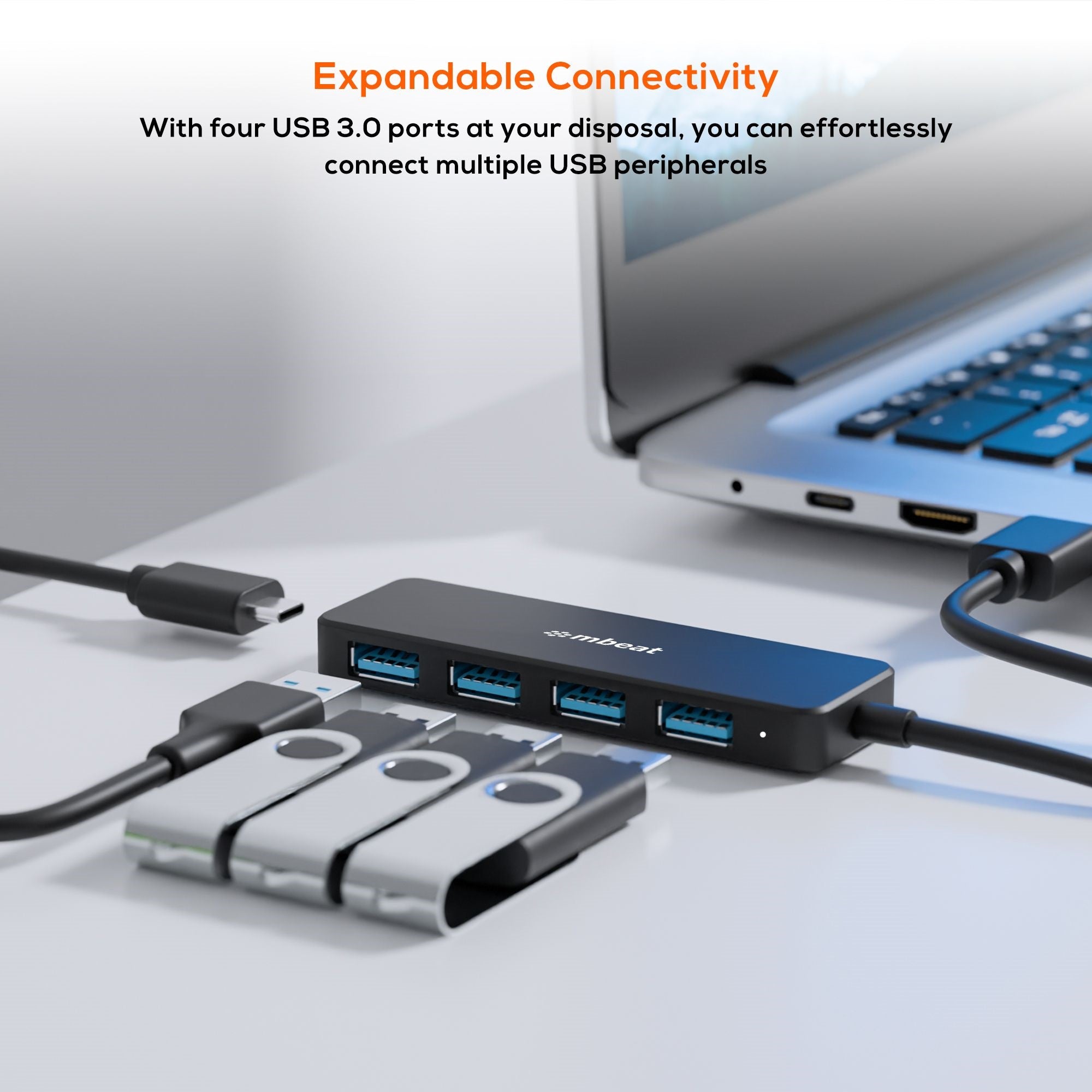 mbeat 4-Port USB 3.0 Hub: Compact, Portable & USB-C Powered | 5Gbps 