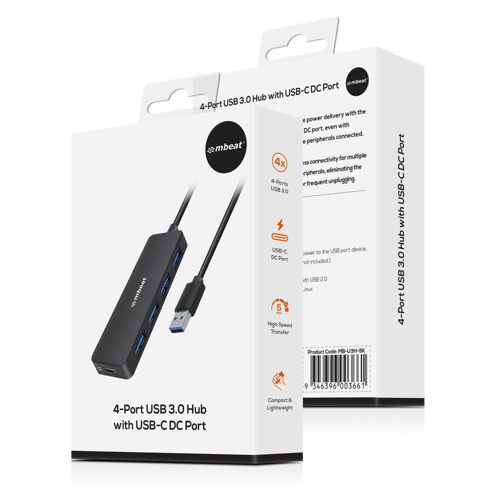 mbeat 4-Port USB 3.0 Hub: Compact, Portable & USB-C Powered | 5Gbps 
