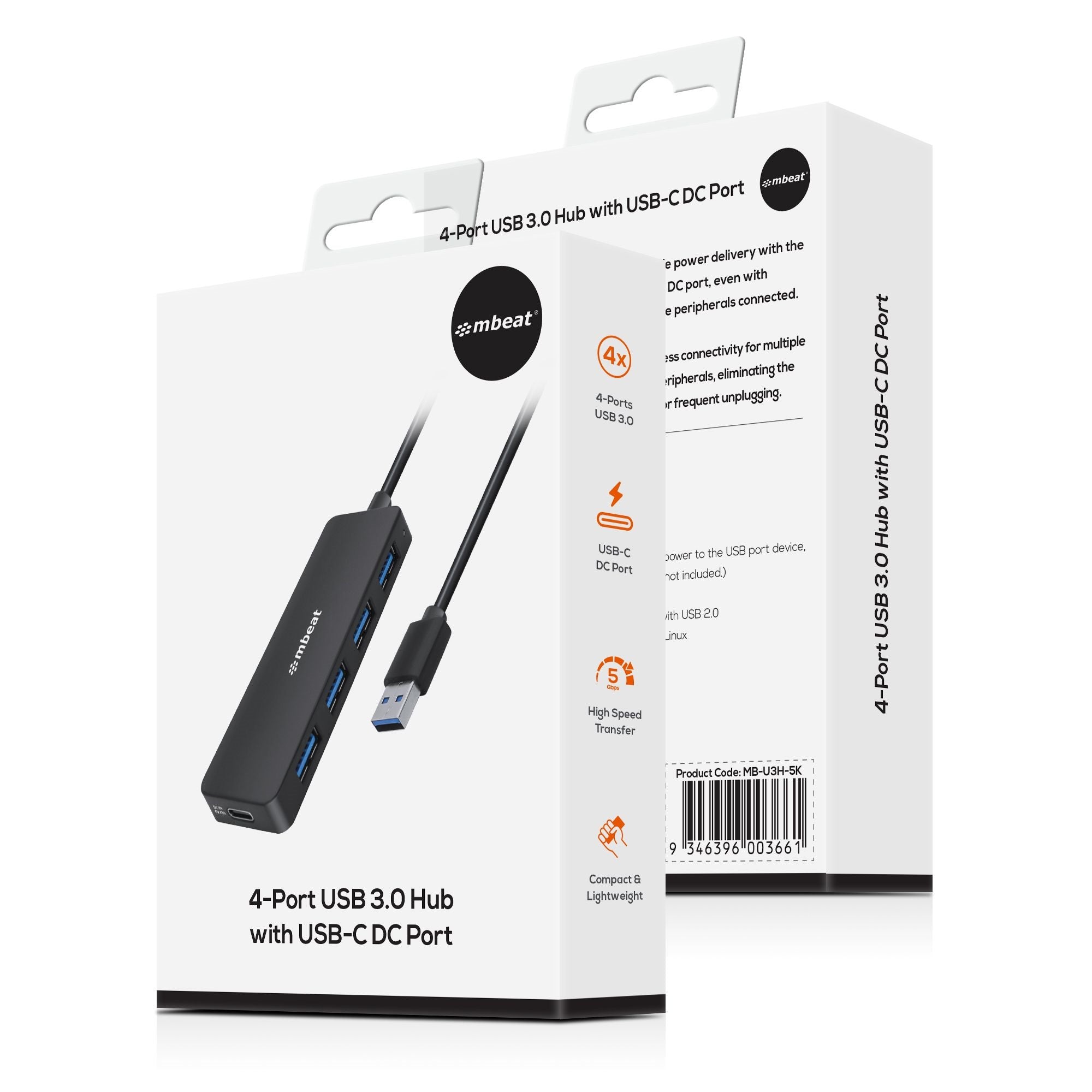 mbeat 4-Port USB 3.0 Hub: Compact, Portable & USB-C Powered | 5Gbps 
