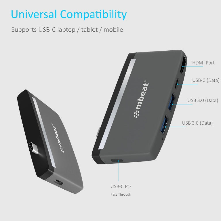 mbeat Essential Pro 5-in-1 USB-C Hub: 4K HDMI, PD Charge, USB 3.0 