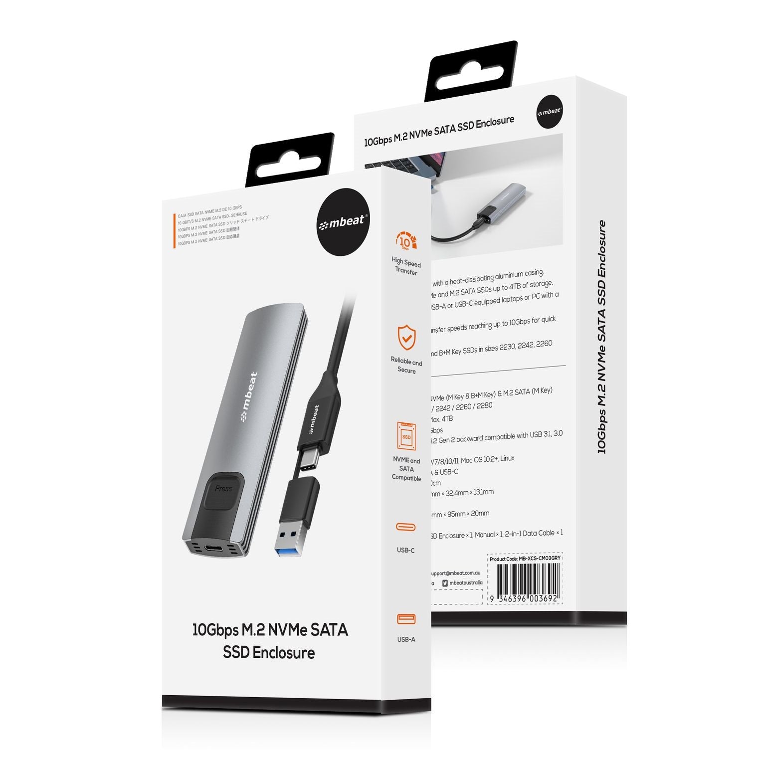 mbeat 10Gbps M.2 NVMe & SATA SSD Enclosure - Tool-Free USB-C MBEAT