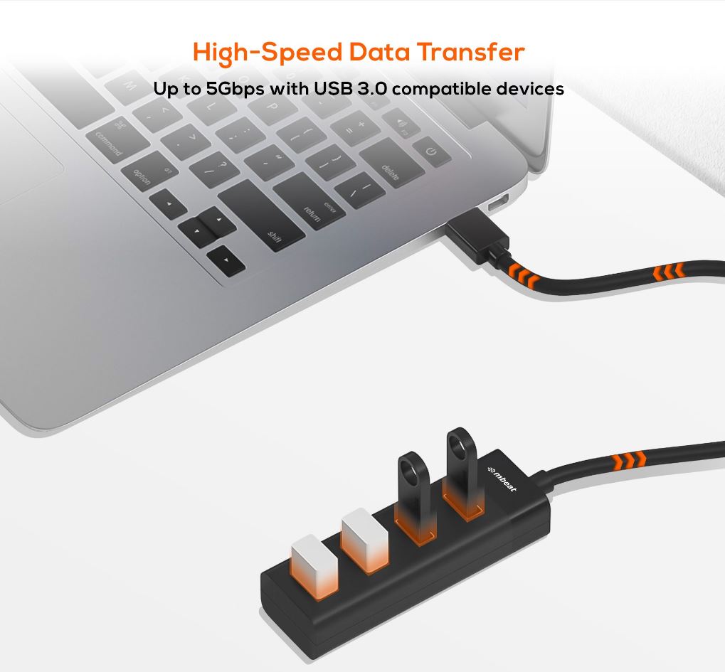 mbeat 4-Port USB 3.0 Hub - Black | High-Speed Plug & Play Adapter MBEAT