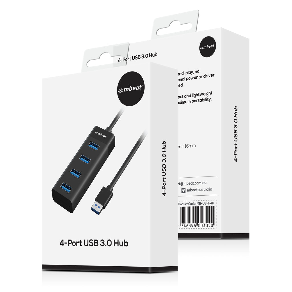 mbeat 4-Port USB 3.0 Hub - Black | High-Speed Plug & Play Adapter MBEAT